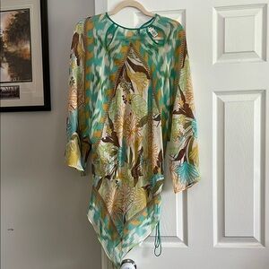 Rare Vintage 100% Silk Nicole Miller Blue Green and Tan Asymmetrical Blouse OS